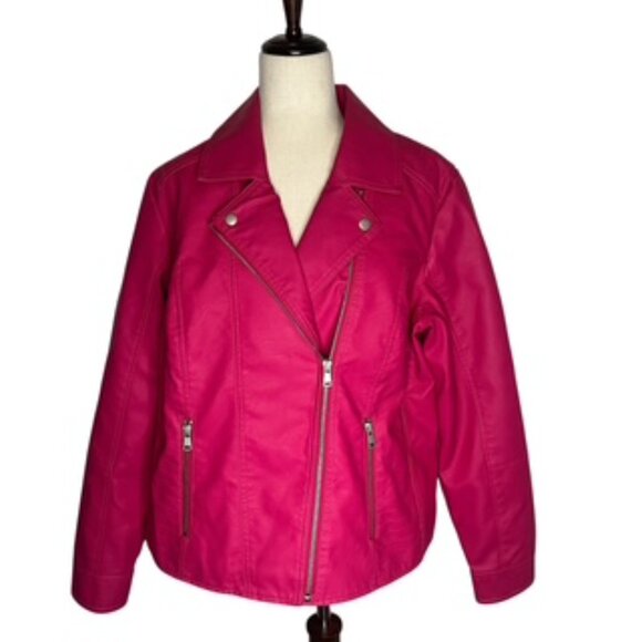 NEW Baccini Motorcycle Jacket Women’s Size 1X Pink Faux Leather Zippers Lined - Picture 2 of 10